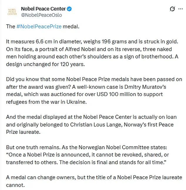 Nobel Committee Rejects Transfer of 2023 Peace Prize Medal to Trump, Sparking International Controversy