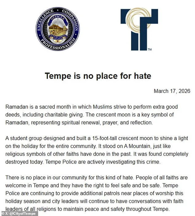 Vandals Destroy Ramadan Crescent Moon Monument in Tempe; City Condemns Vandalism Amid Heightened Security