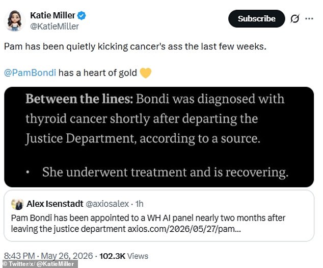 Bondi begins thyroid cancer treatment after leaving DOJ for AI role